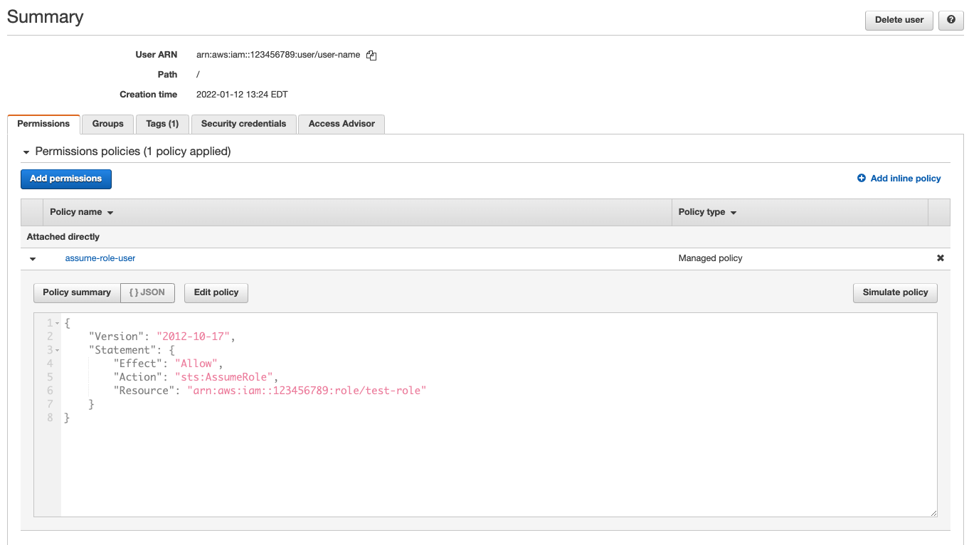 AWS user summary page showing the JSON policy in place